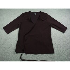 Eileen Fisher Top Womens Size Petite Large Maroon Wrap V-Neck 3/4 Sleeve Stretch